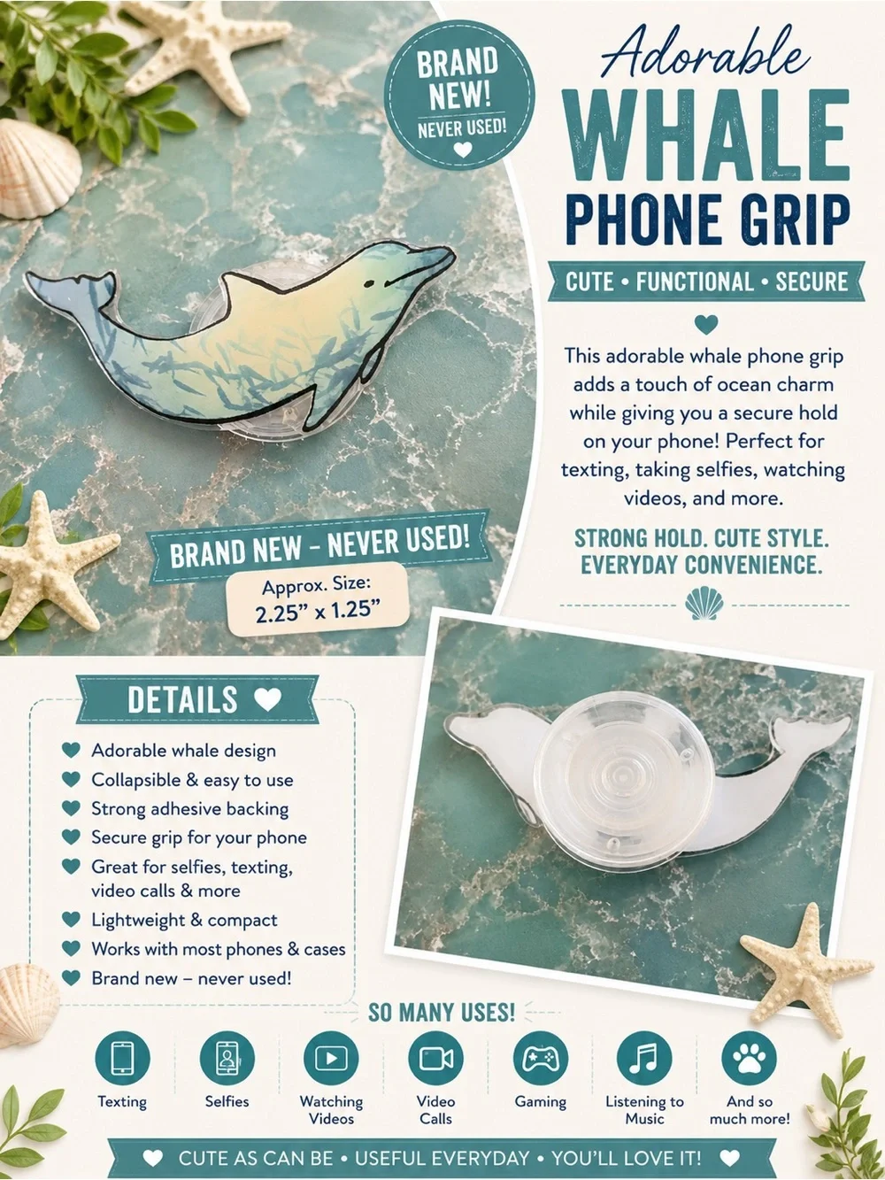 Whale Phone Grip - Blue/Teal Cute Whale Pop Socket